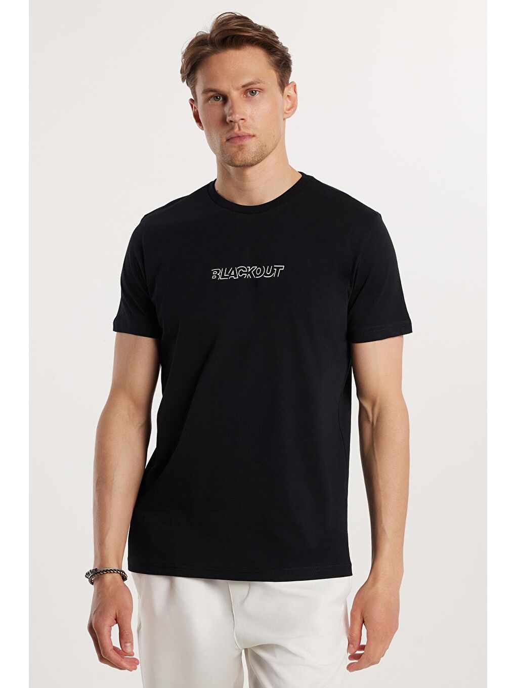 Erkek Slim Fit Dar Kesim %100 Pamuk Yumuşak Dokulu Baskılı Siyah Bisiklet Yaka Tişört-3