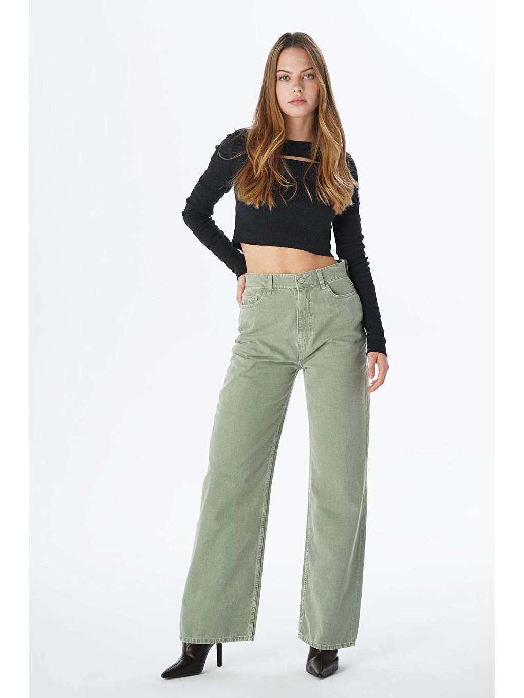 Weslie Yeşil Yüksek Bel Fermuarlı Wideleg Fit Jean Pantolon C 4530-065