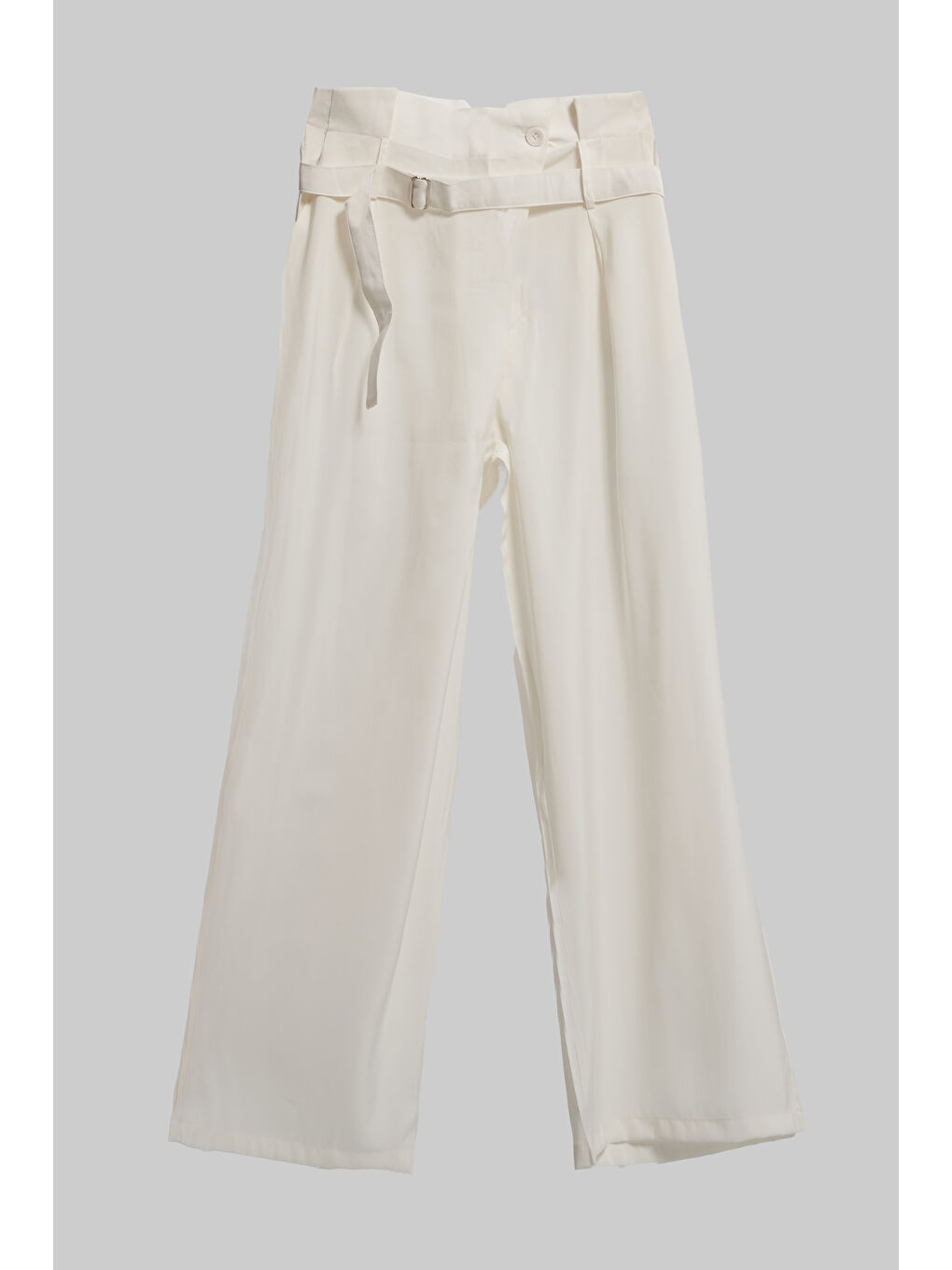 Kadın Ekru Renk Palazzo Fit Kemer Detaylı İpek Saten Kumaş Özel Tasarım Pantolon-1