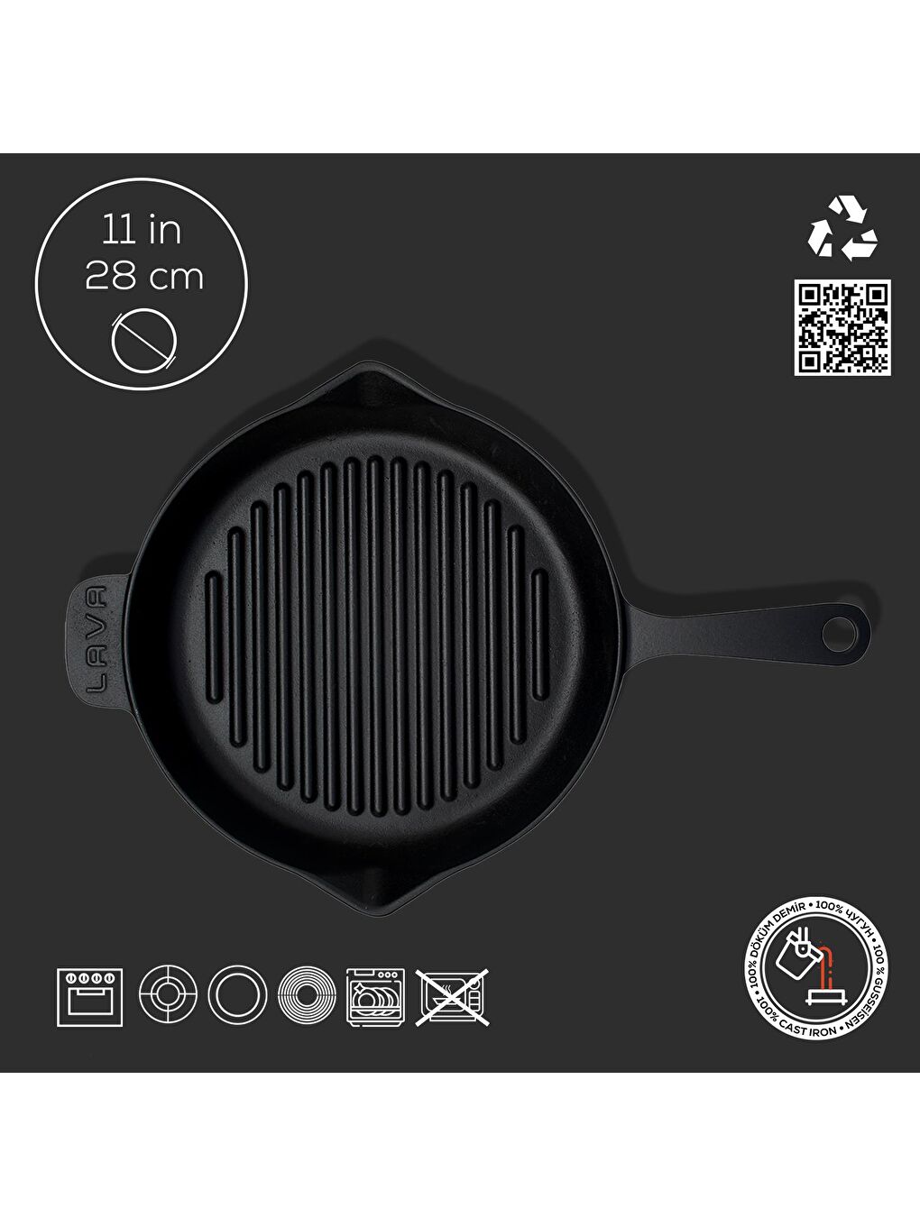 Siyah Yuvarlak Izgara Tava Döküm Demir Yekpare Saplı Çap(Ø)28cm.-3