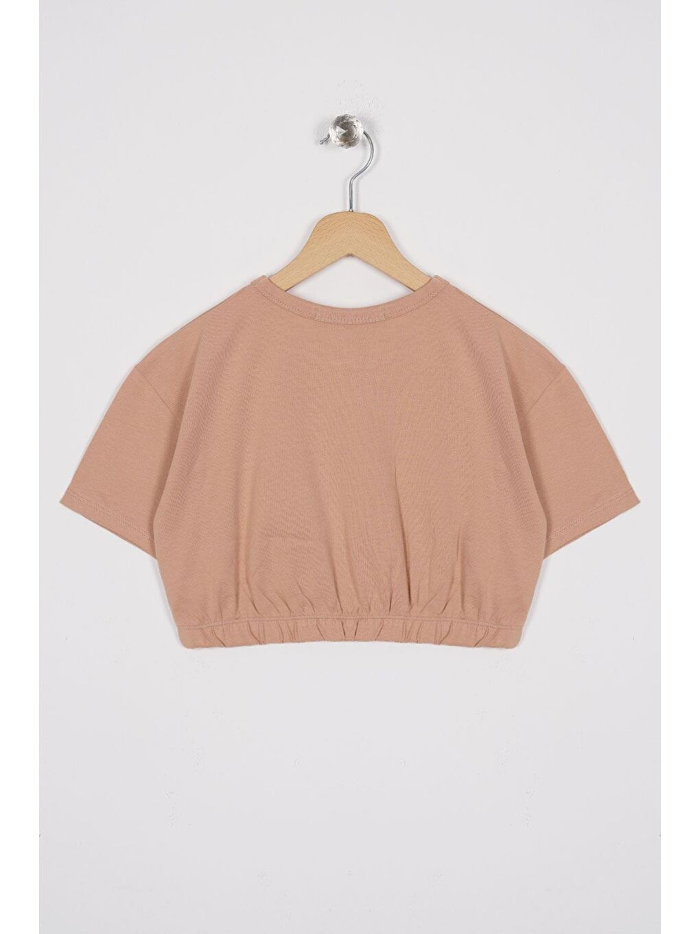 Bisiklet Yaka Kısa Kol Beli Lastikli Bej Renk Kız Çocuk Tshirt-2