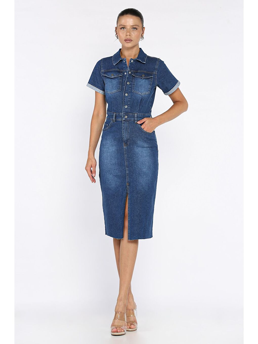 Lacivert Kadın Polo Yaka Ön Çıtçıtlı Yırtmaç Detaylı Jean Jean Elbise