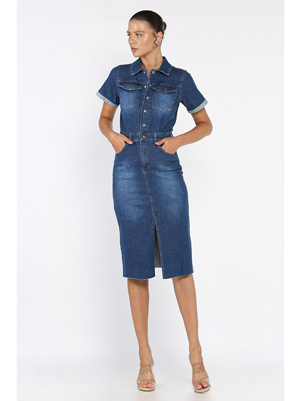 Lacivert Kadın Polo Yaka Ön Çıtçıtlı Yırtmaç Detaylı Jean Jean Elbise-1