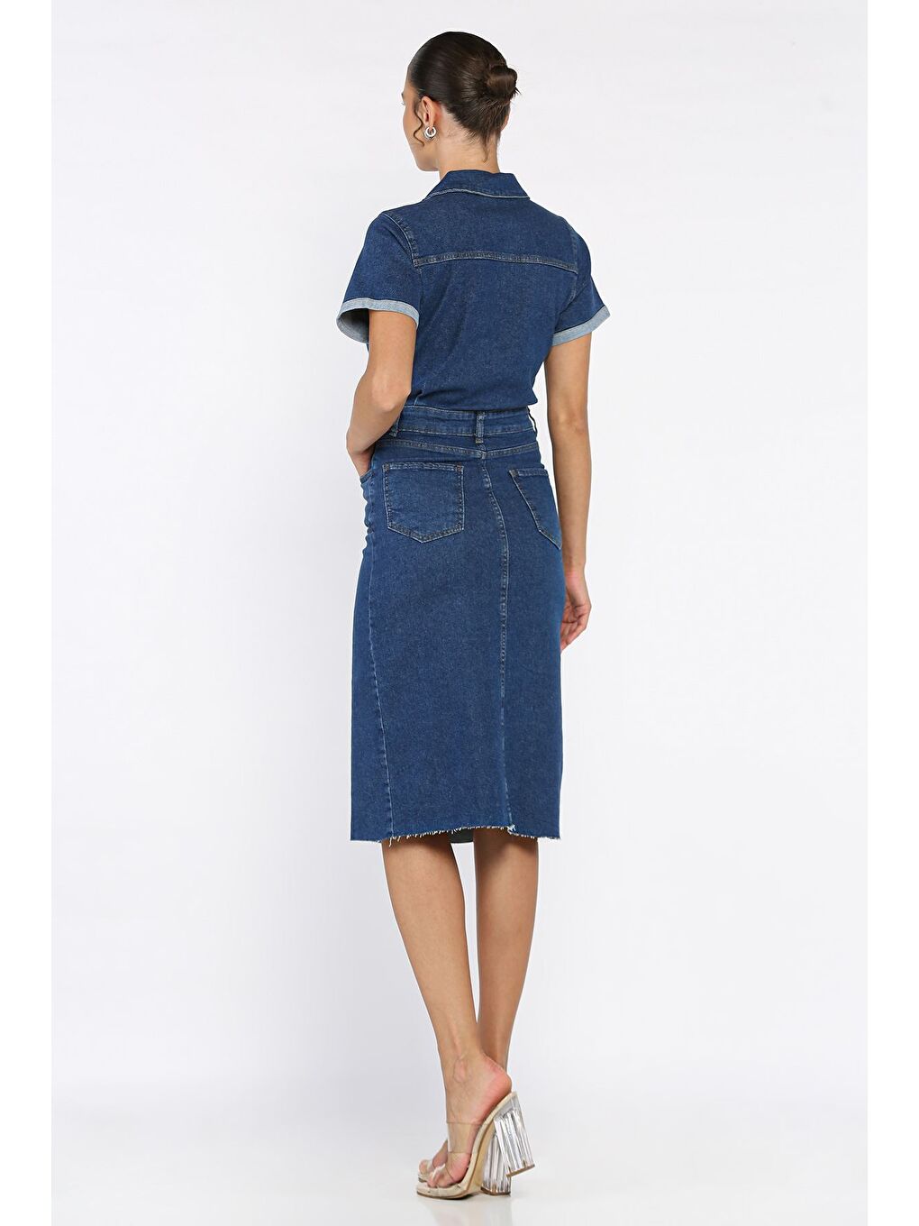 Lacivert Kadın Polo Yaka Ön Çıtçıtlı Yırtmaç Detaylı Jean Jean Elbise-2