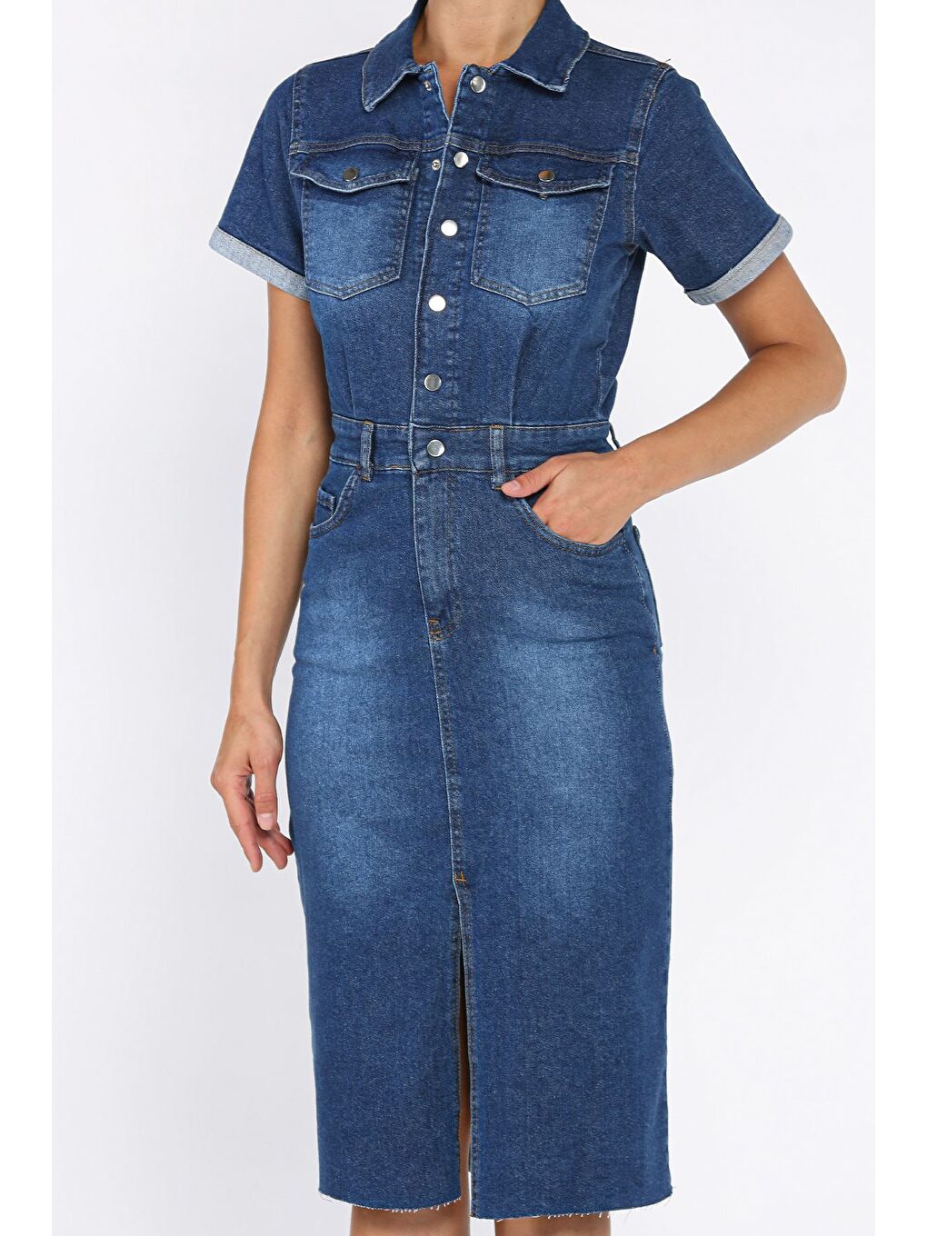 Lacivert Kadın Polo Yaka Ön Çıtçıtlı Yırtmaç Detaylı Jean Jean Elbise-3