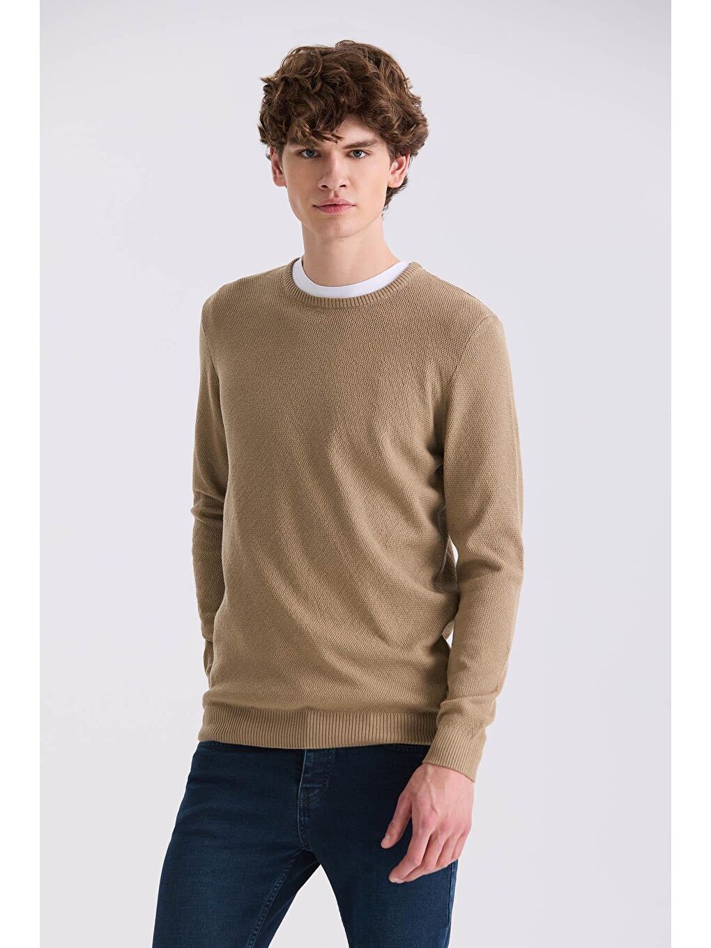 Bej Slim Fit Bisiklet Yaka Desenli Triko Kazak