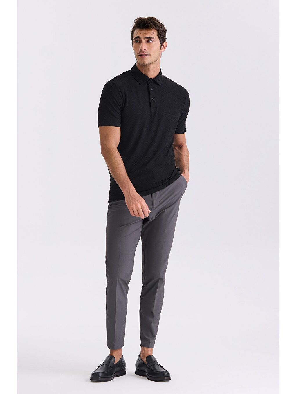 Siyah Slim Fit Desenli Polo Yaka T-Shirt-1