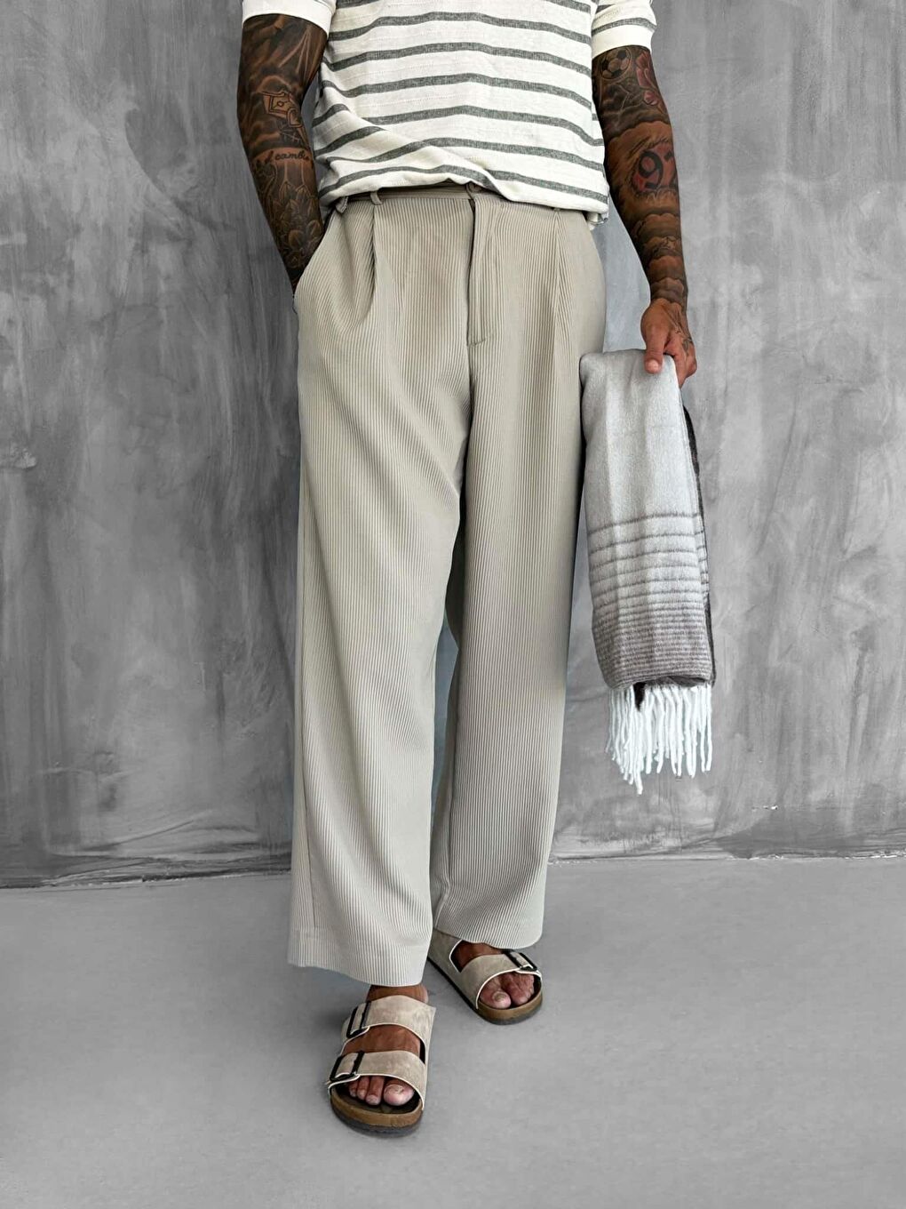 Erkek Fitilli Baggy Pantolon Bej