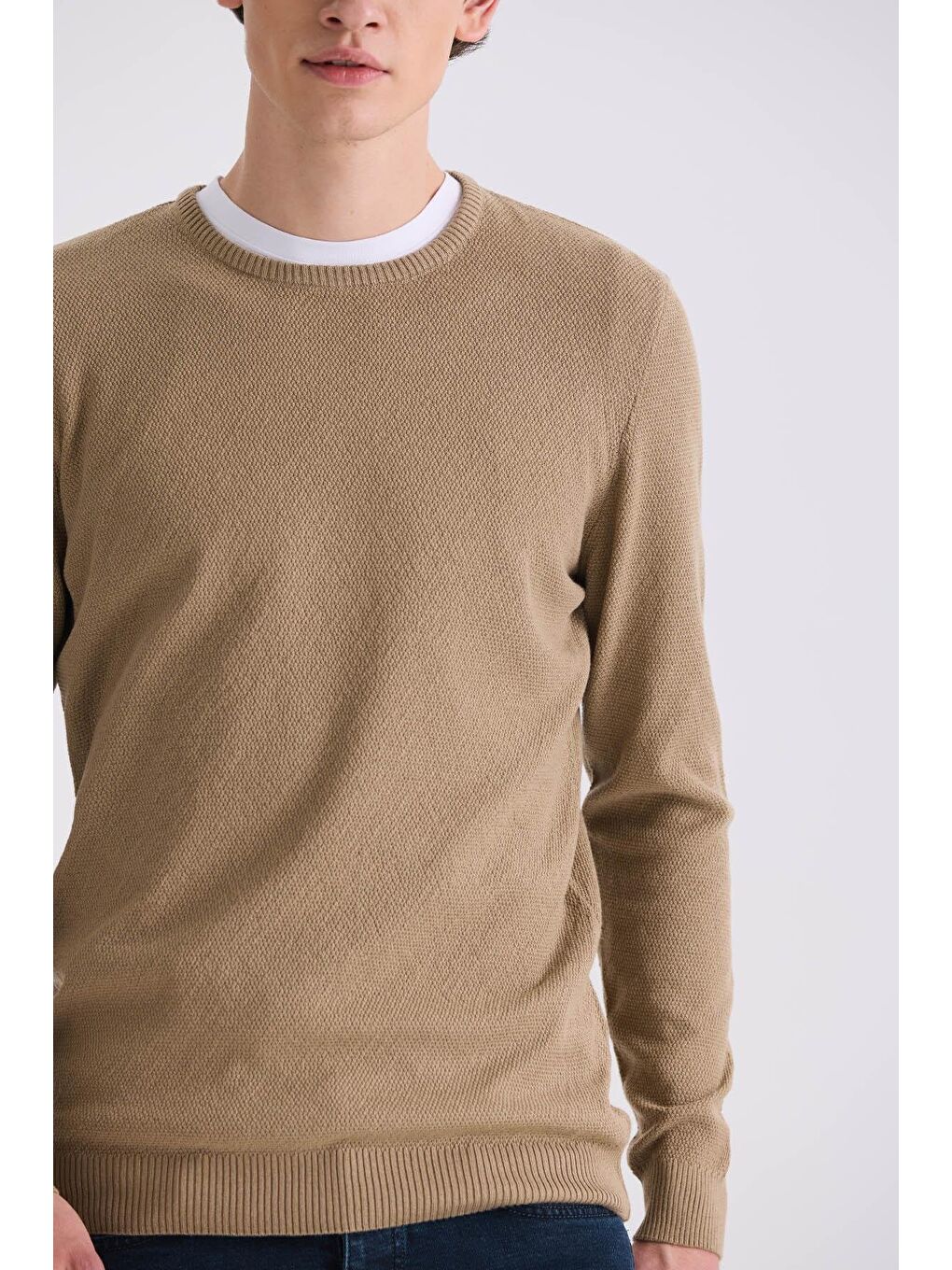 Bej Slim Fit Bisiklet Yaka Desenli Triko Kazak-2