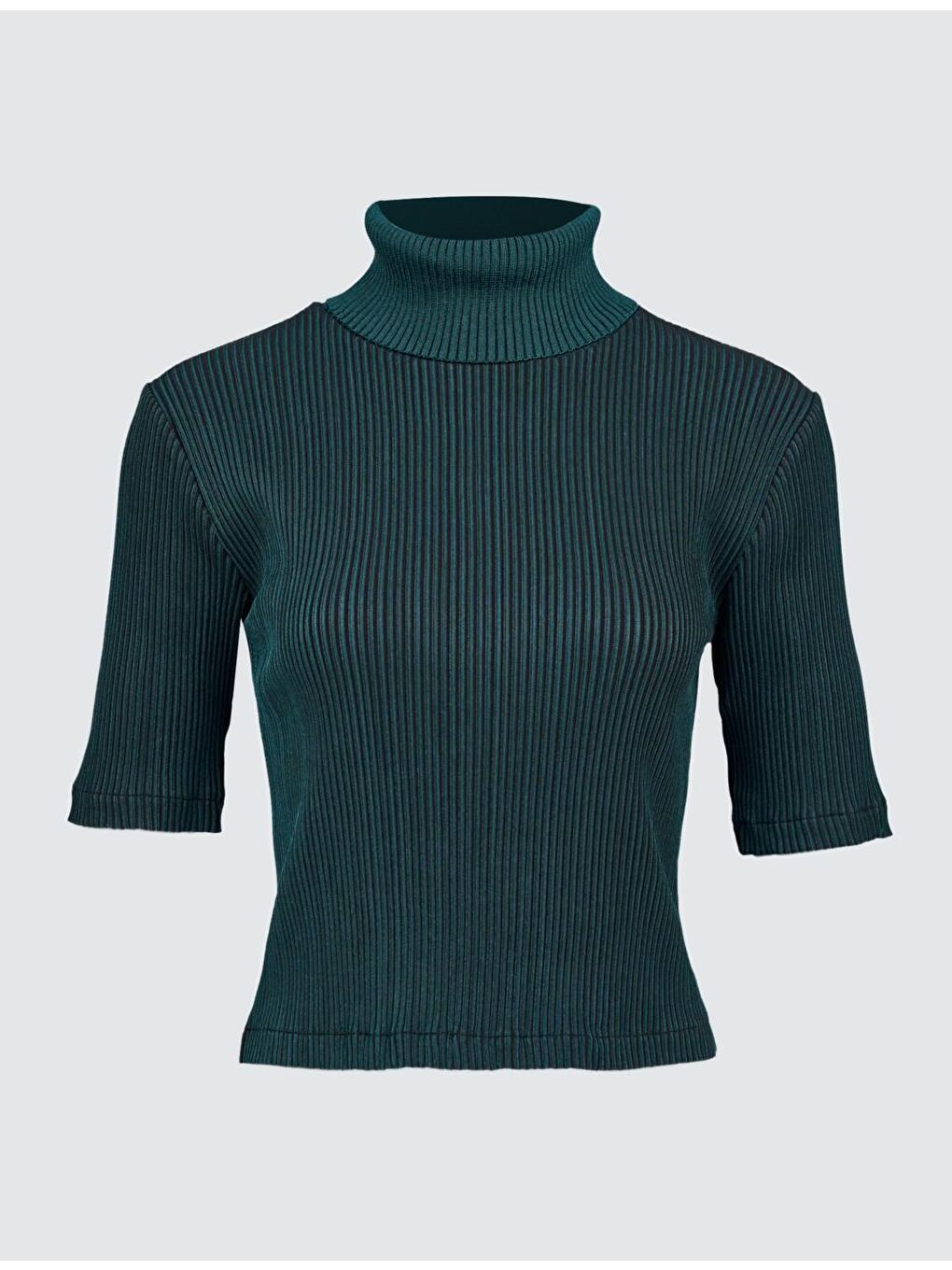 Koyu Yeşil Balıkçı Yaka Kısa Kollu Çizgili Bluz-4