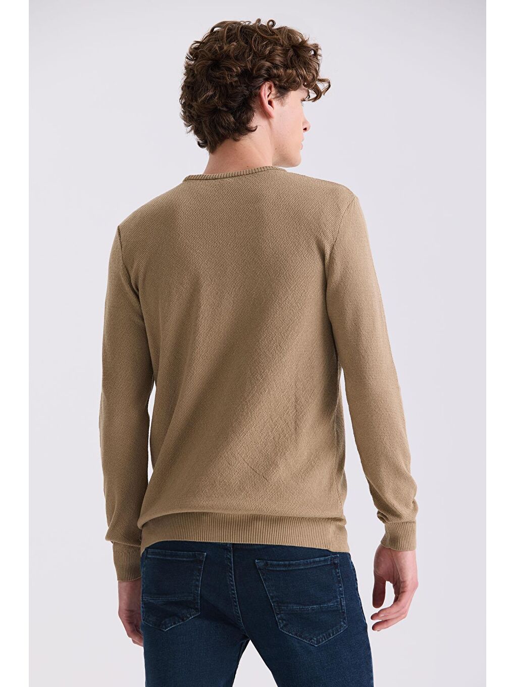 Bej Slim Fit Bisiklet Yaka Desenli Triko Kazak-3