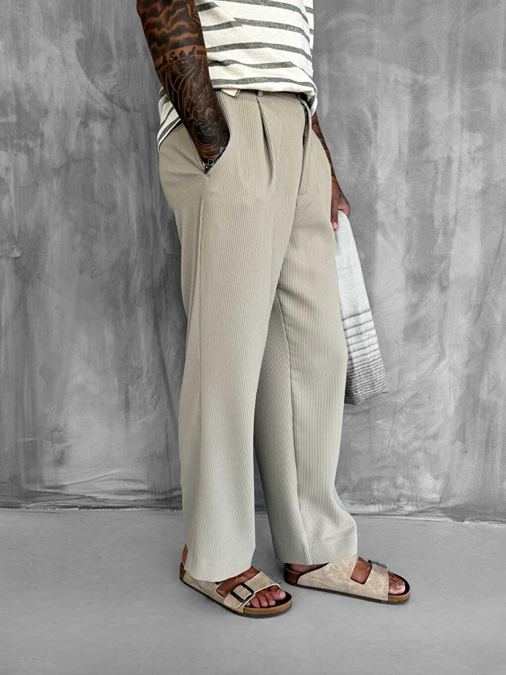 Erkek Fitilli Baggy Pantolon Bej-1