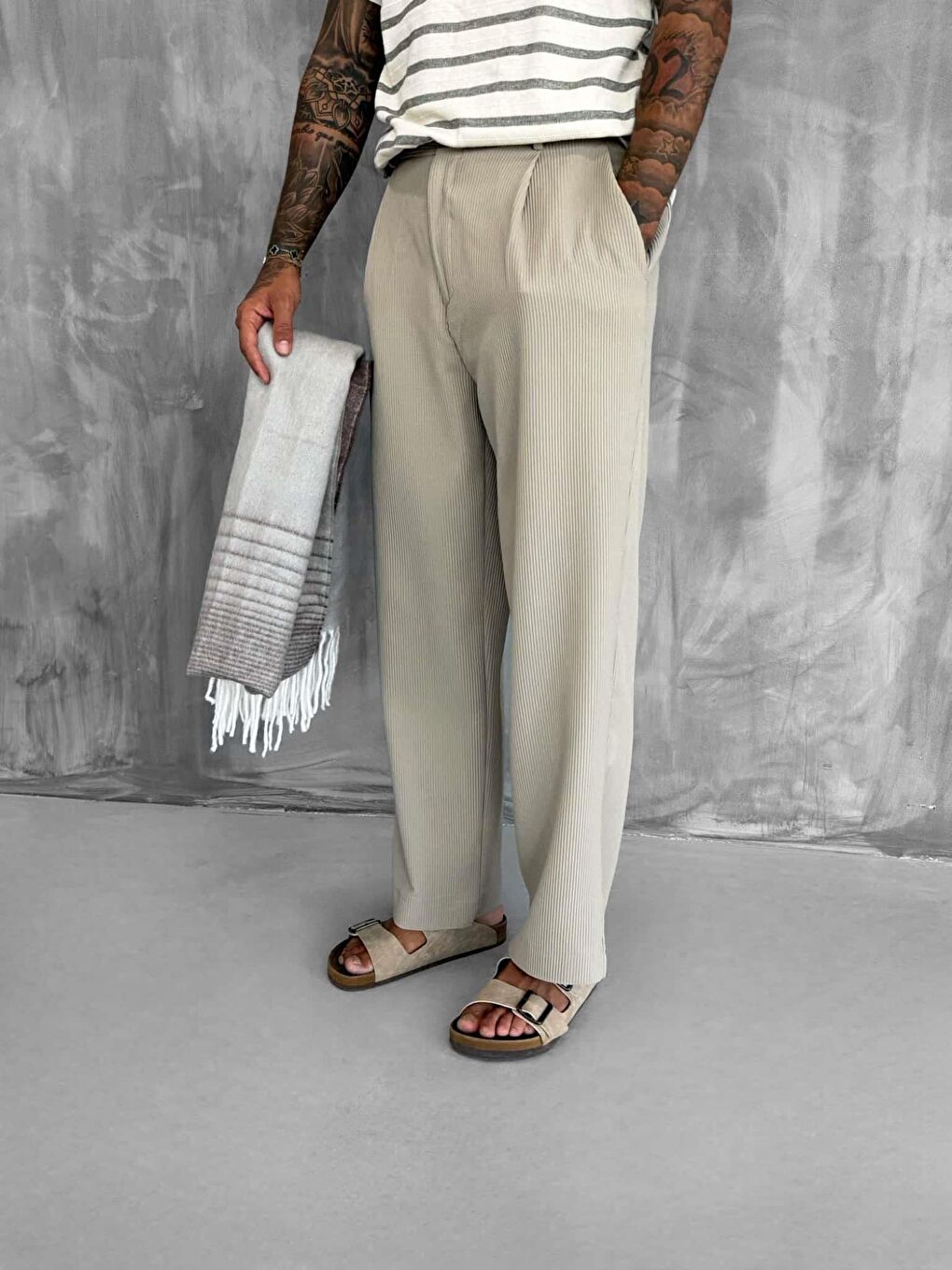 Erkek Fitilli Baggy Pantolon Bej-2