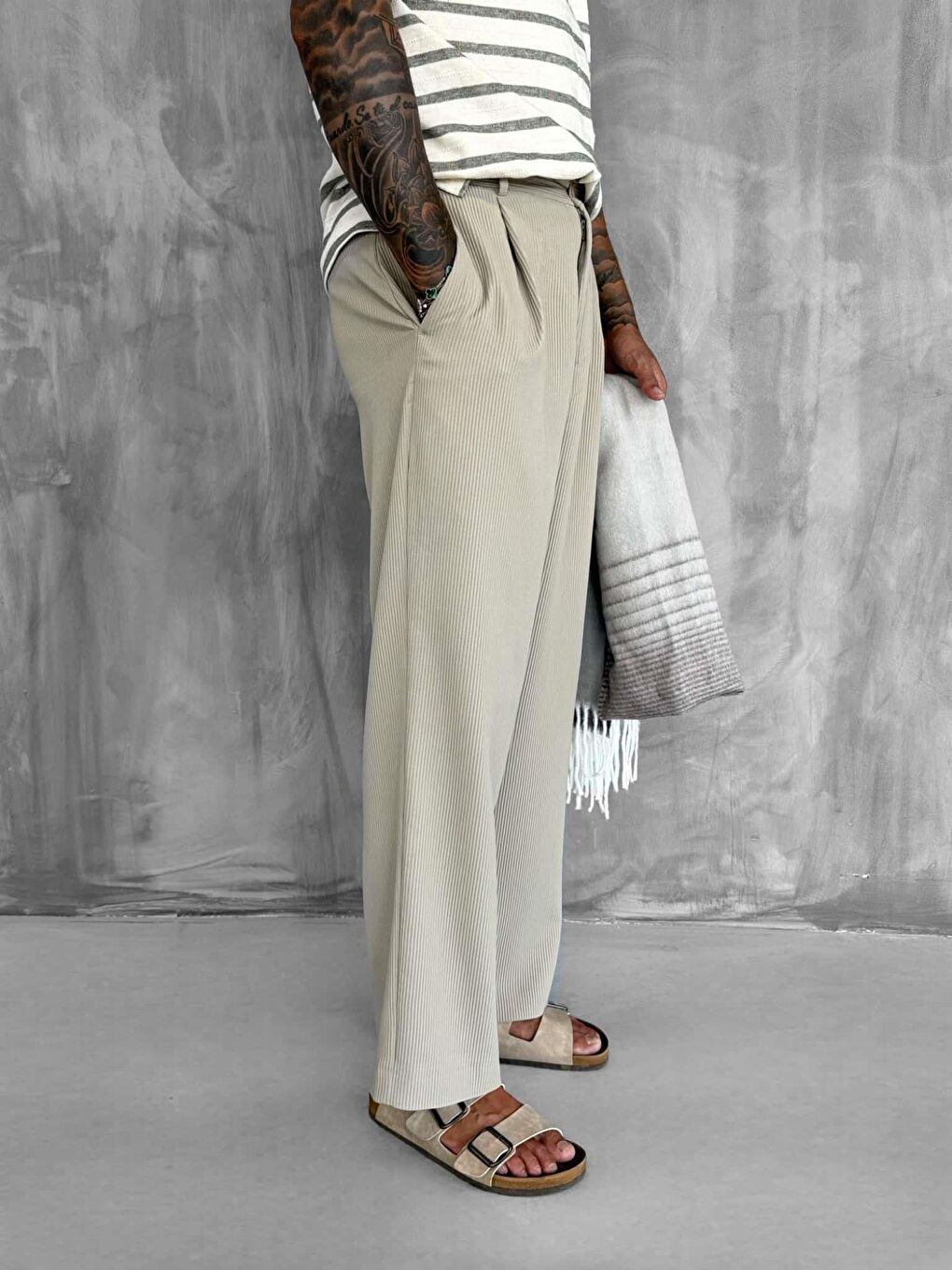 Erkek Fitilli Baggy Pantolon Bej-3