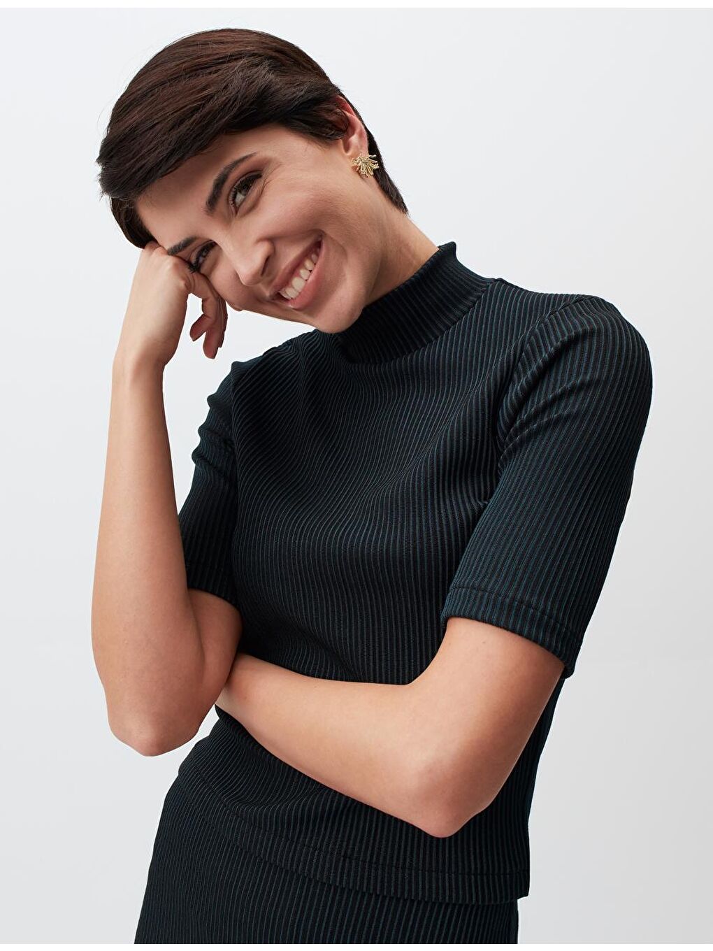 Koyu Yeşil Balıkçı Yaka Kısa Kollu Çizgili Bluz