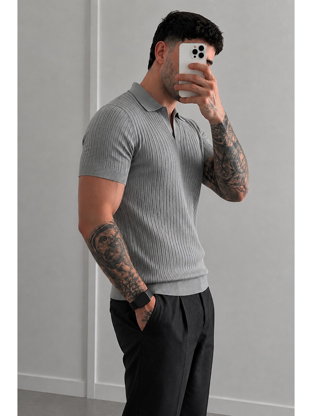 Gri Premium Fitilli Triko Polo Yaka Erkek Old Money T-Shirt-1