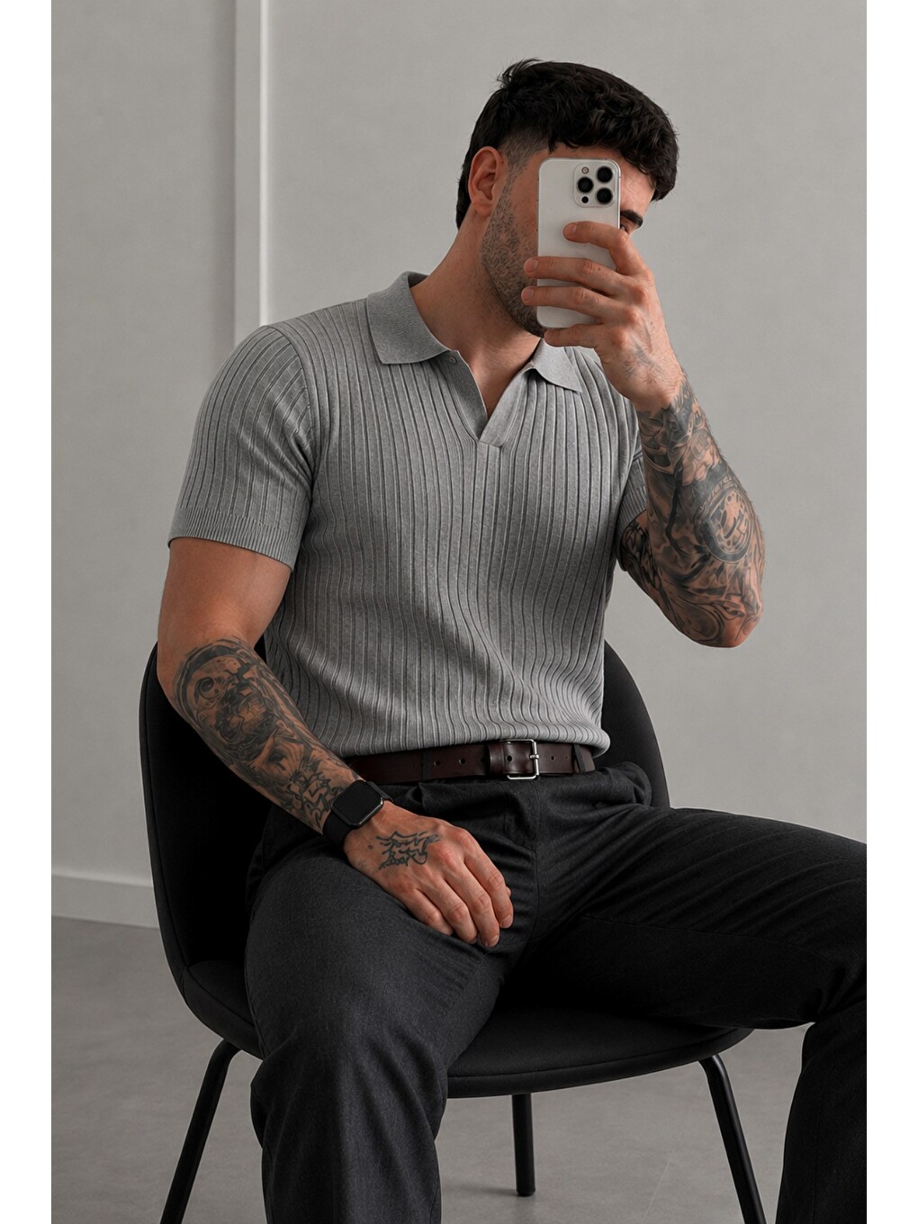 Gri Premium Fitilli Triko Polo Yaka Erkek Old Money T-Shirt-2