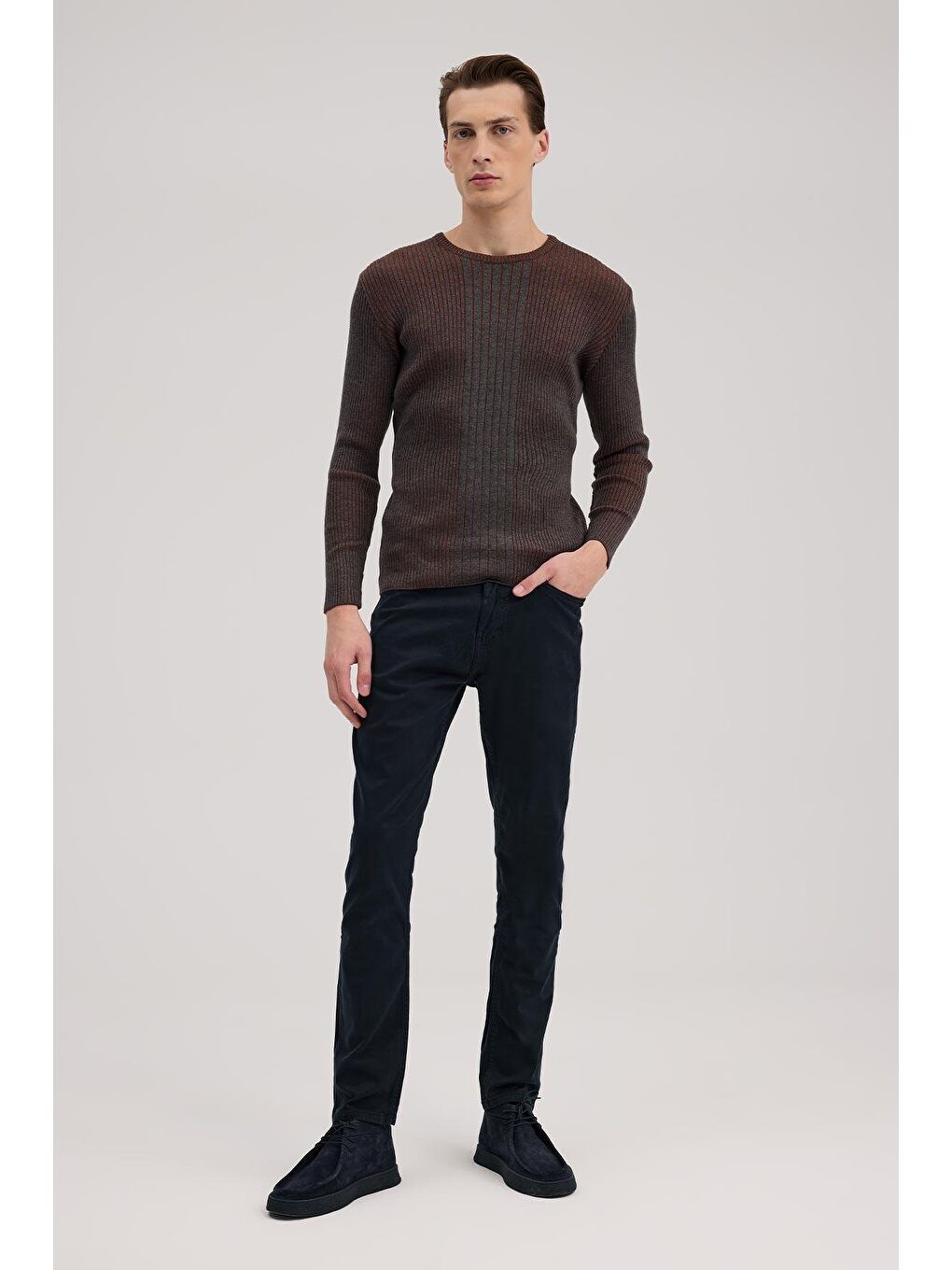 Antrasit Tarçın Slim Fit Desenli Bisiklet Yaka Triko-1