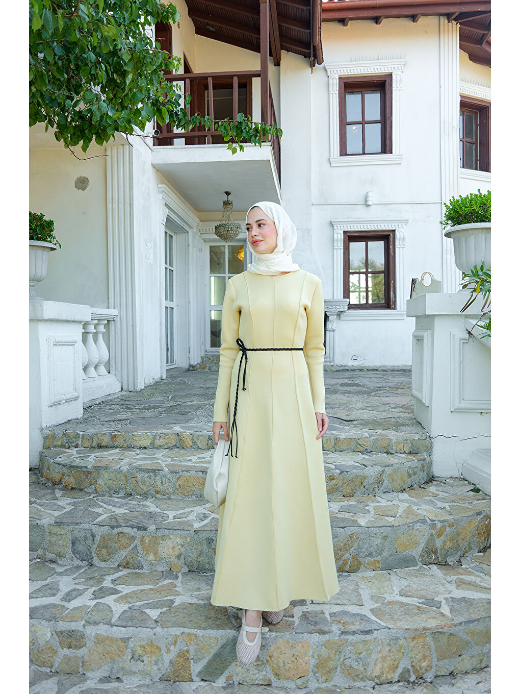 Kadın Scuba Puf Detay Elbise Sarı