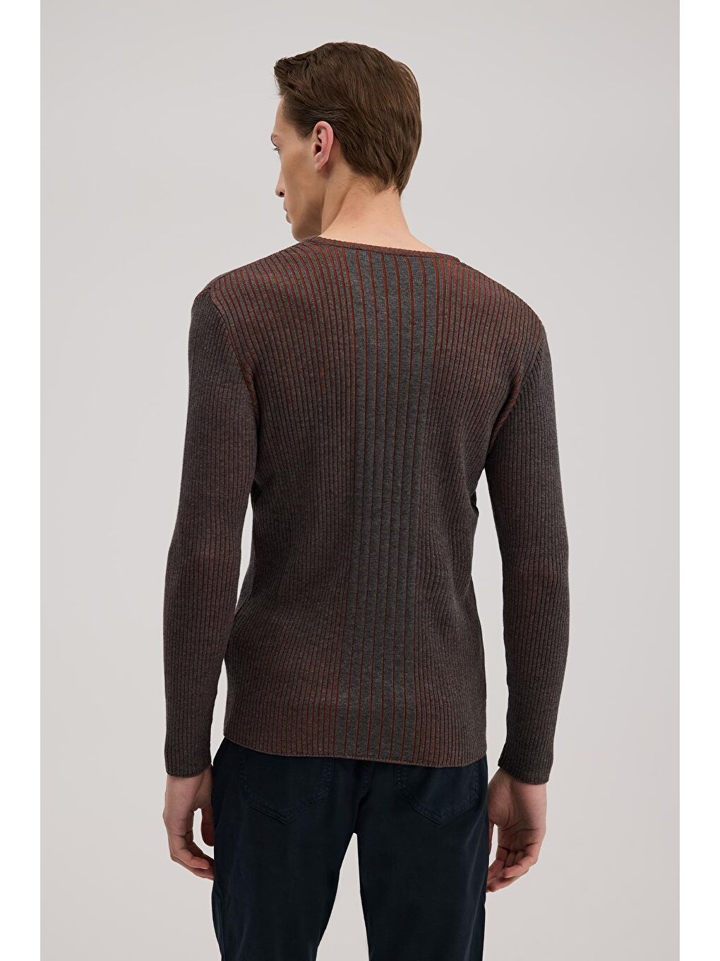 Antrasit Tarçın Slim Fit Desenli Bisiklet Yaka Triko-3