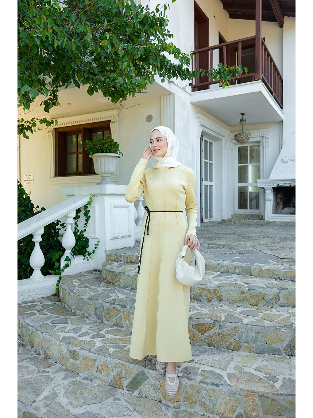 Kadın Scuba Puf Detay Elbise Sarı-1