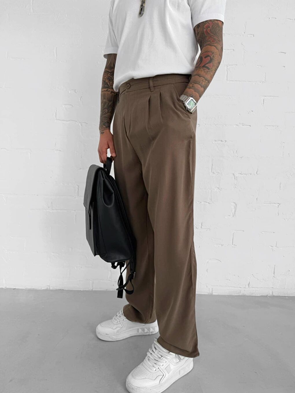 Erkek Baggy Fit Beli Lastikli Pantolon Kahverengi-1