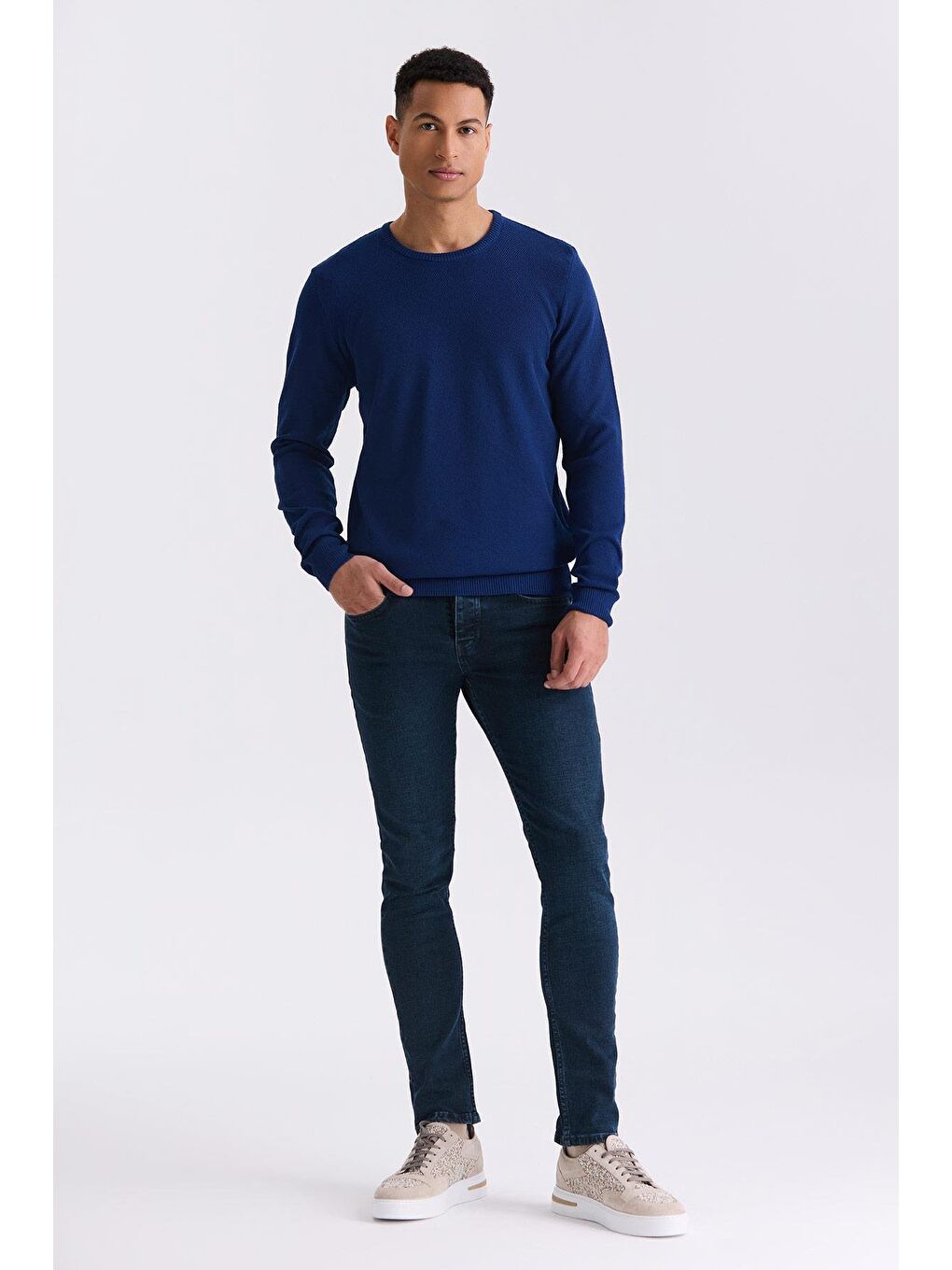 İndigo Slim Fit Bisiklet Yaka Desenli Triko Kazak-1