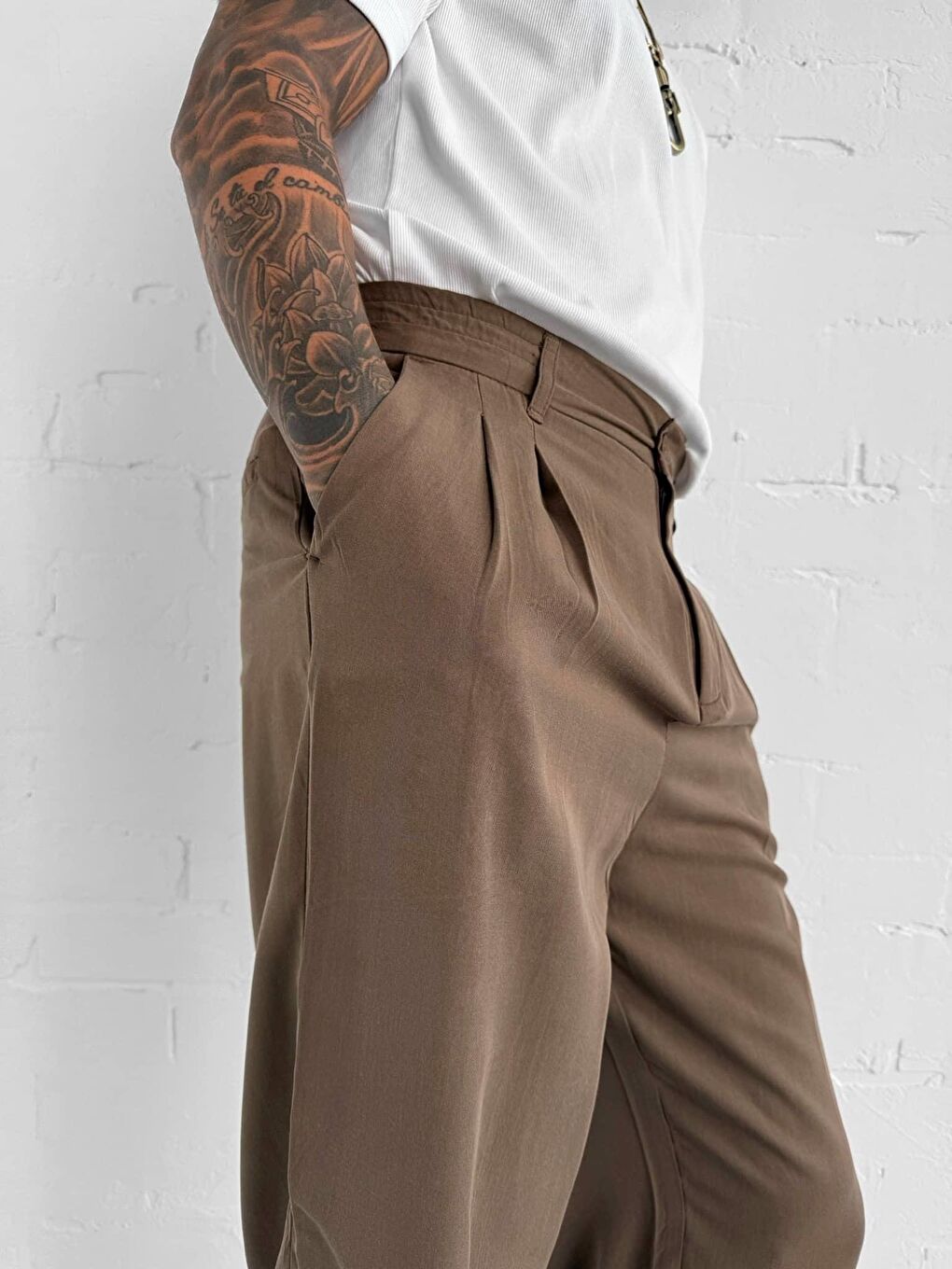 Erkek Baggy Fit Beli Lastikli Pantolon Kahverengi-3