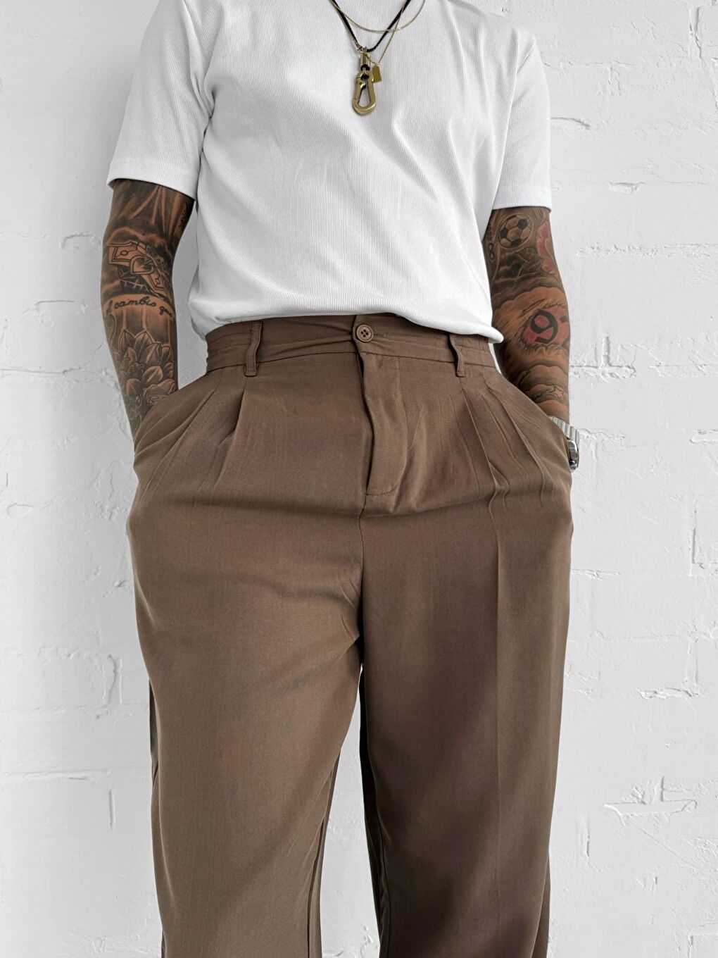 Erkek Baggy Fit Beli Lastikli Pantolon Kahverengi-4