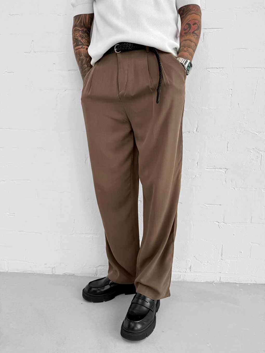 Erkek Baggy Fit Beli Lastikli Pantolon Kahverengi-5