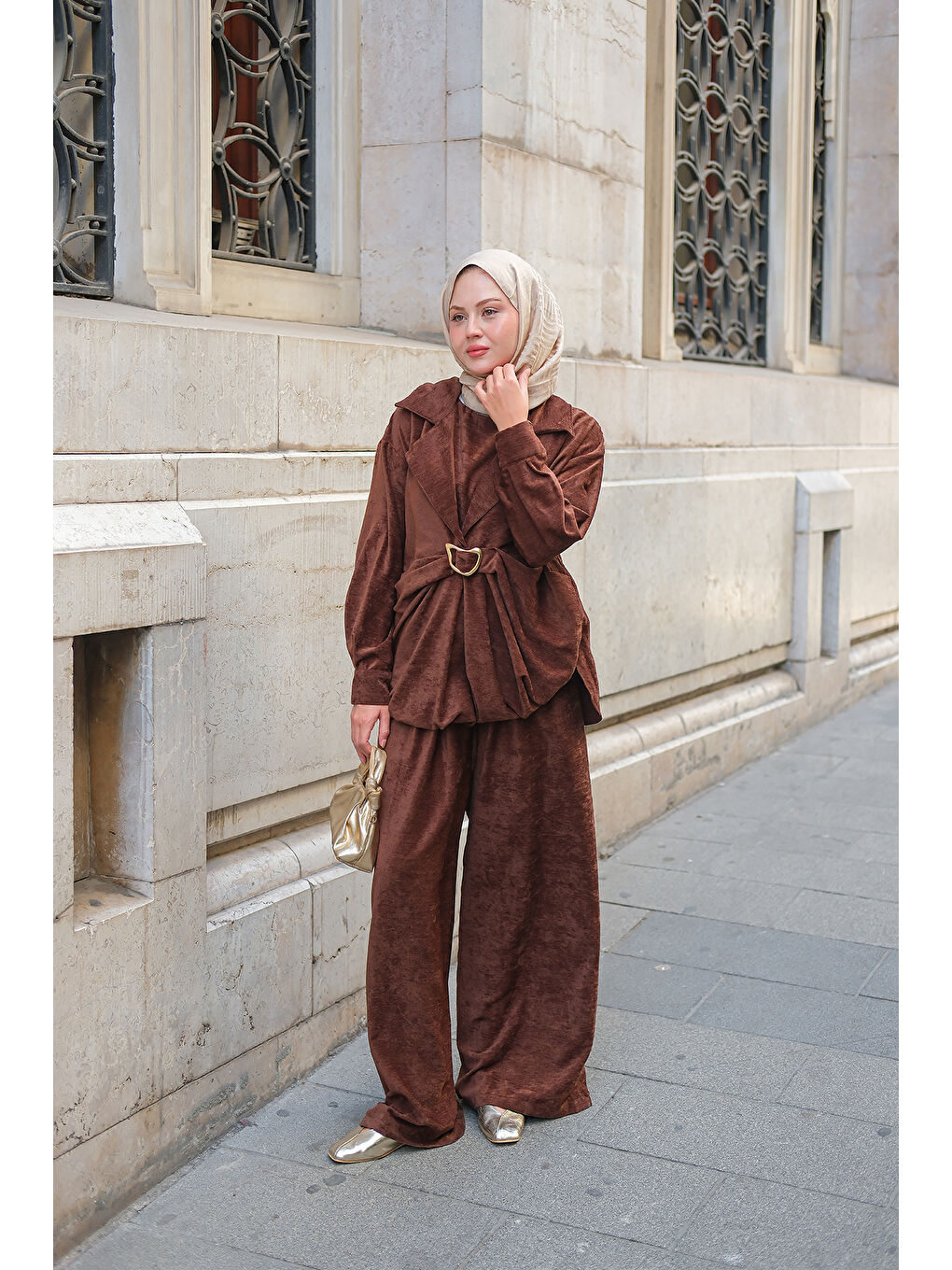 Kadın Musleya Önü Pile Detay Süet Takım Kahverengi-2