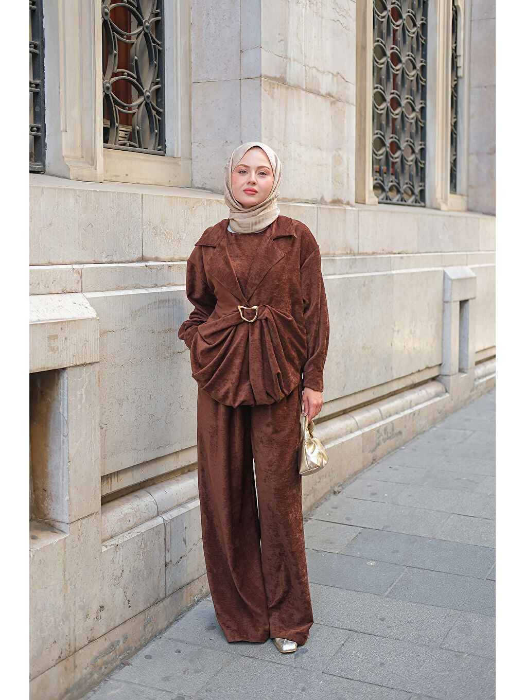 Kadın Musleya Önü Pile Detay Süet Takım Kahverengi-3