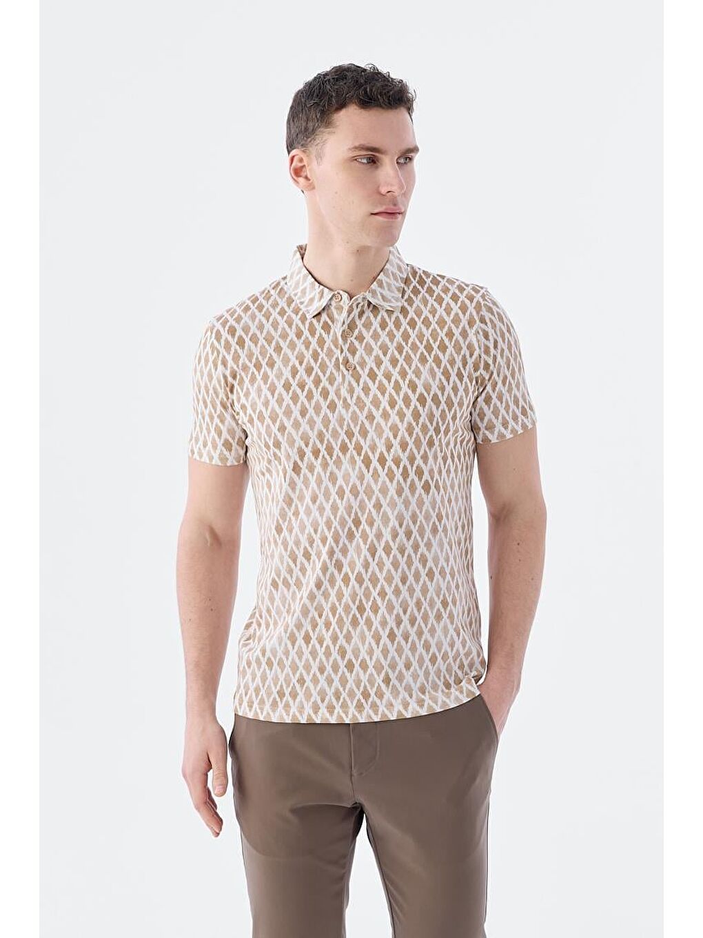 Bej Slim Fit Desenli Polo Yaka T-Shirt-2