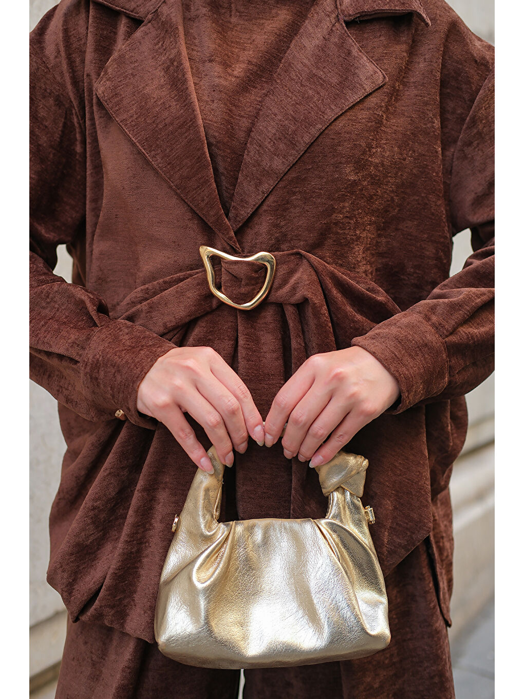 Kadın Musleya Önü Pile Detay Süet Takım Kahverengi-4