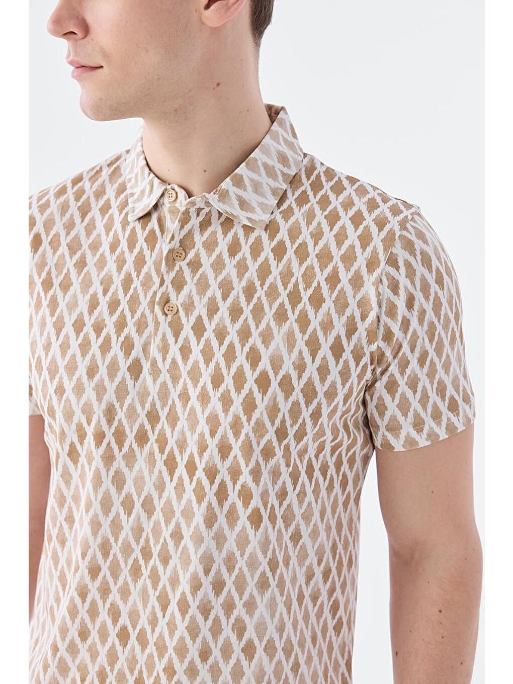 Bej Slim Fit Desenli Polo Yaka T-Shirt-3