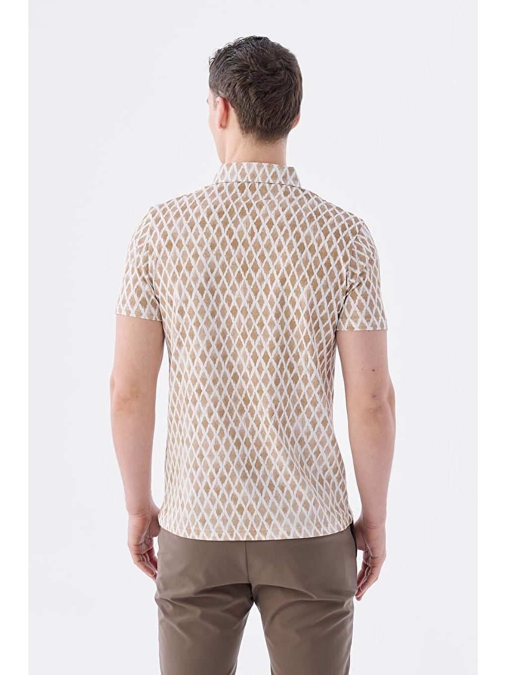 Bej Slim Fit Desenli Polo Yaka T-Shirt-4