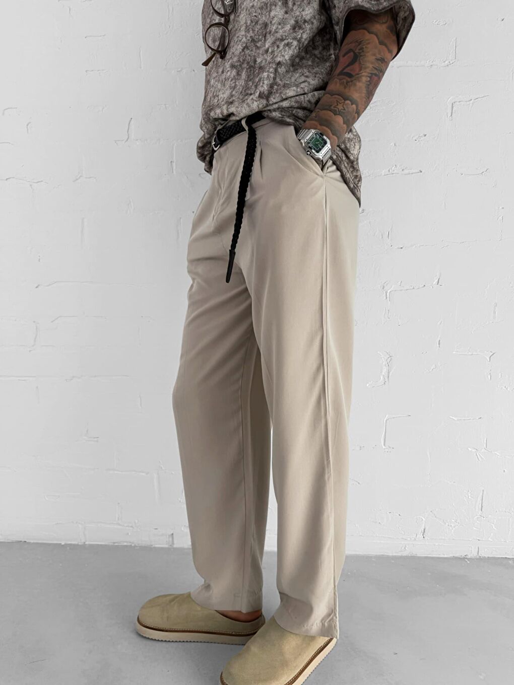 Erkek Baggy Fit Beli Lastikli Pantolon Bej