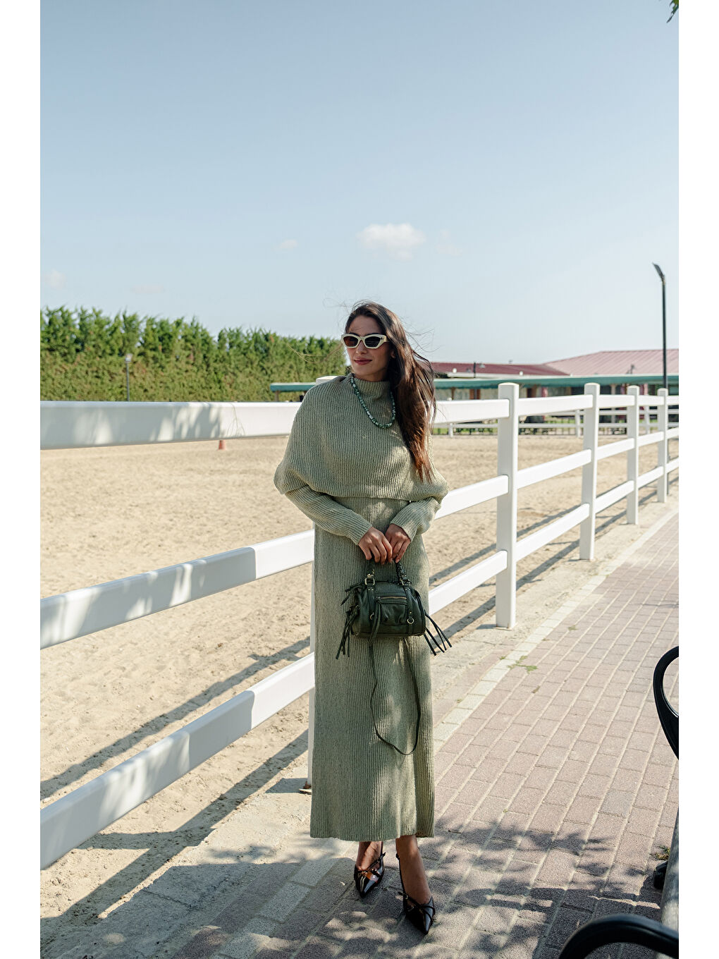 Kadın Pelerin Yaka Elbise Fıstık Yeşil-1