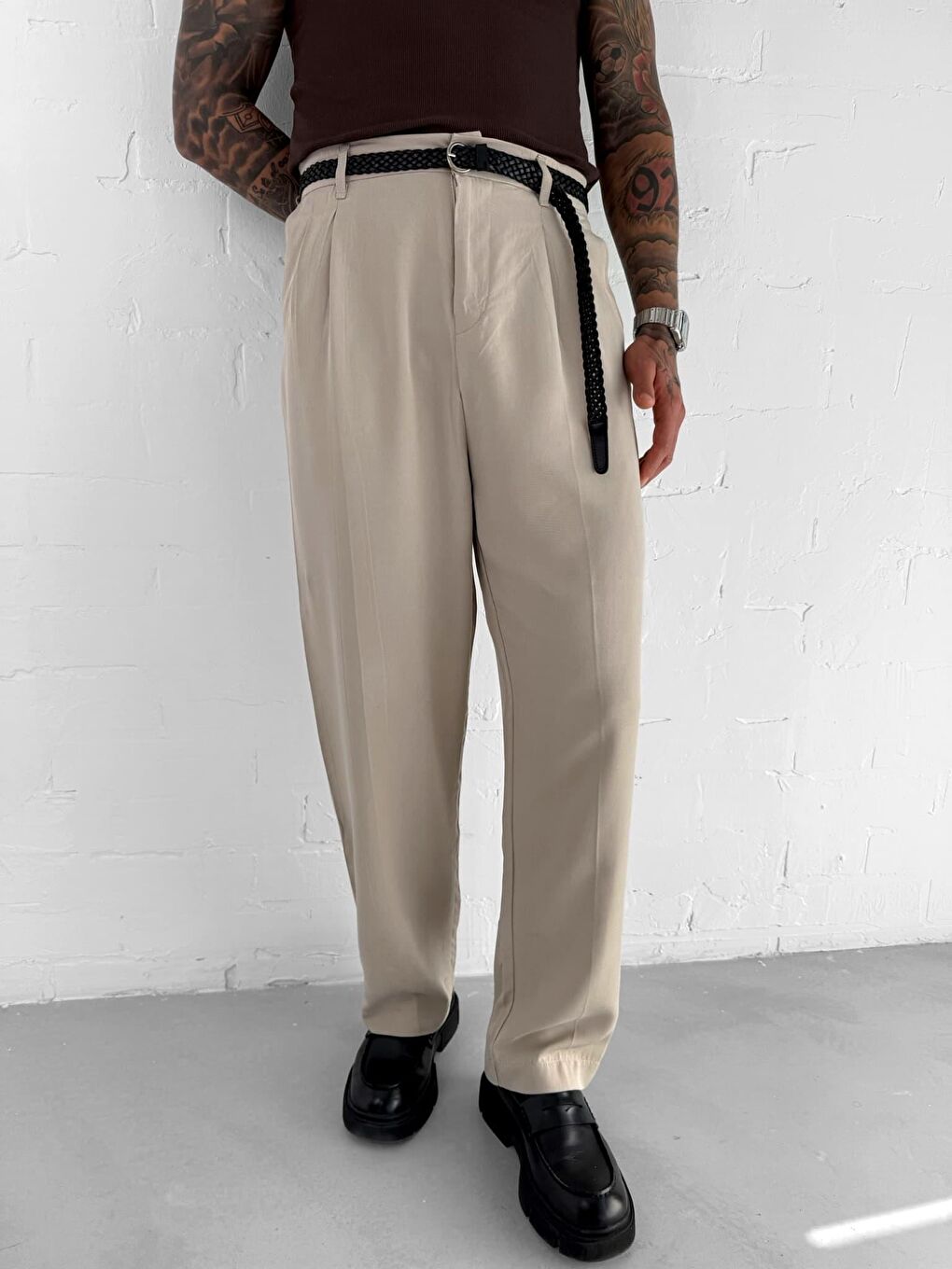 Erkek Baggy Fit Beli Lastikli Pantolon Bej-1