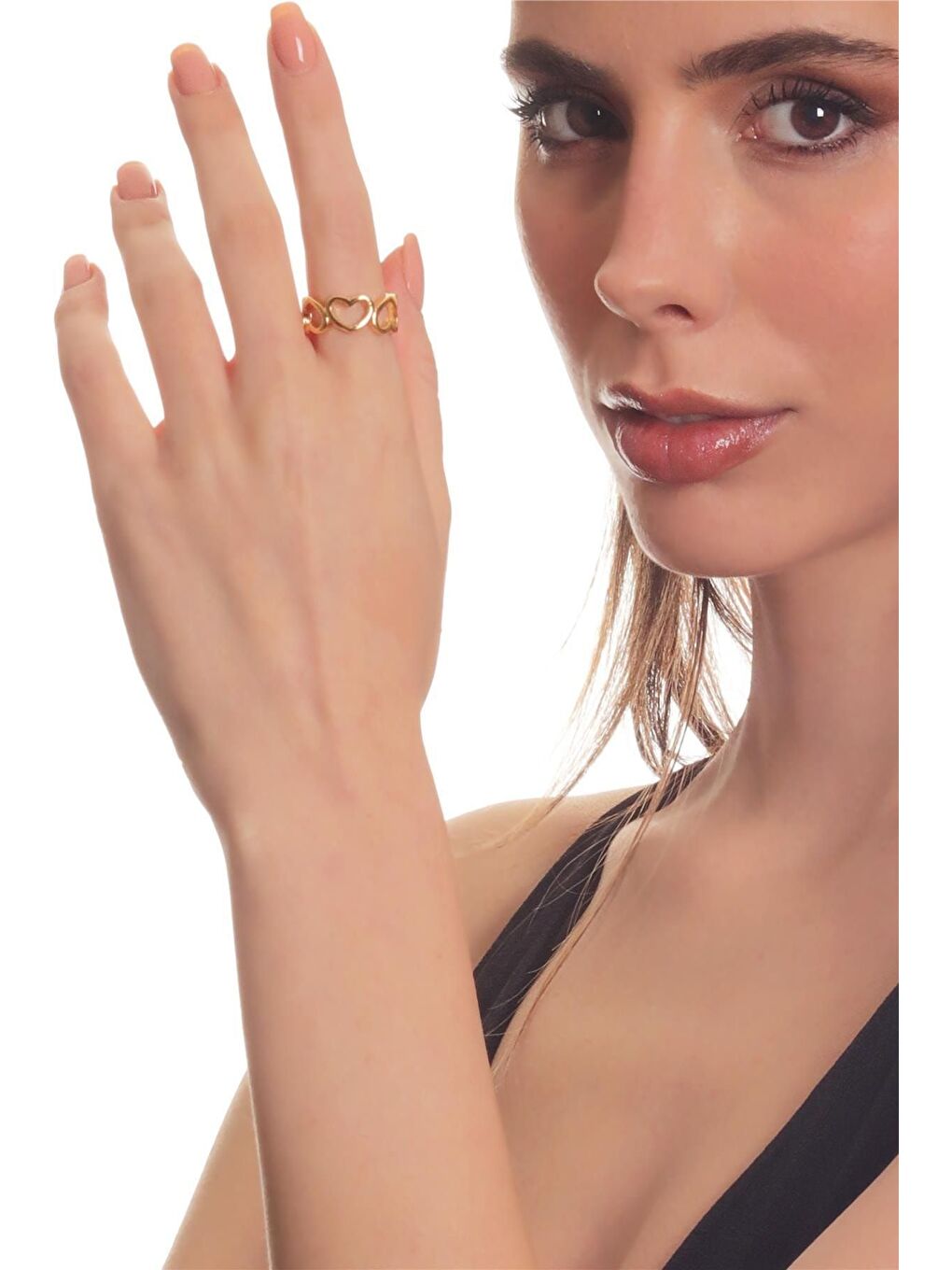Sarı Kadın Altın Renk Lak Kaplama Ayarlanabilir Dolama Model Kalp Yüzük-1