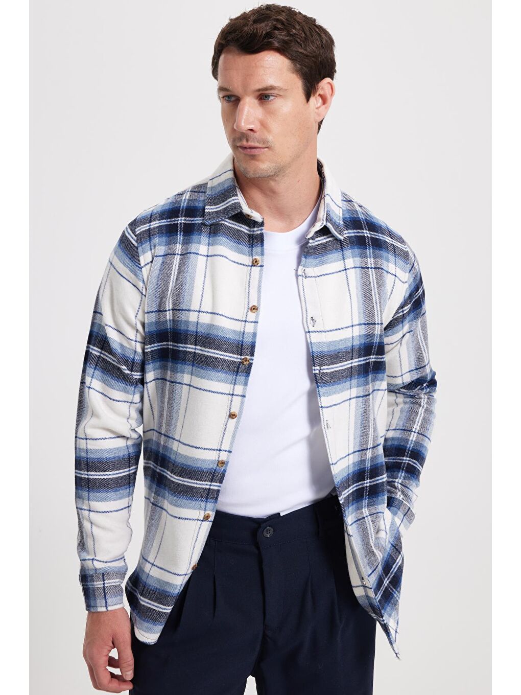 Mavi Erkek Slim Fit Dar Kesim Kareli Kışlık Oduncu Gömlek