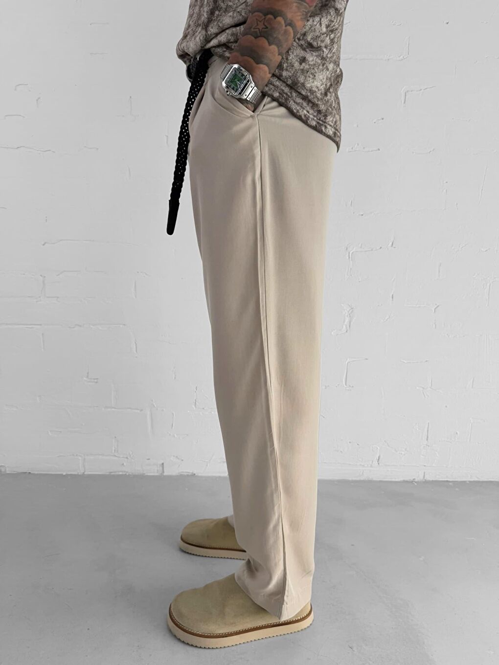 Erkek Baggy Fit Beli Lastikli Pantolon Bej-2
