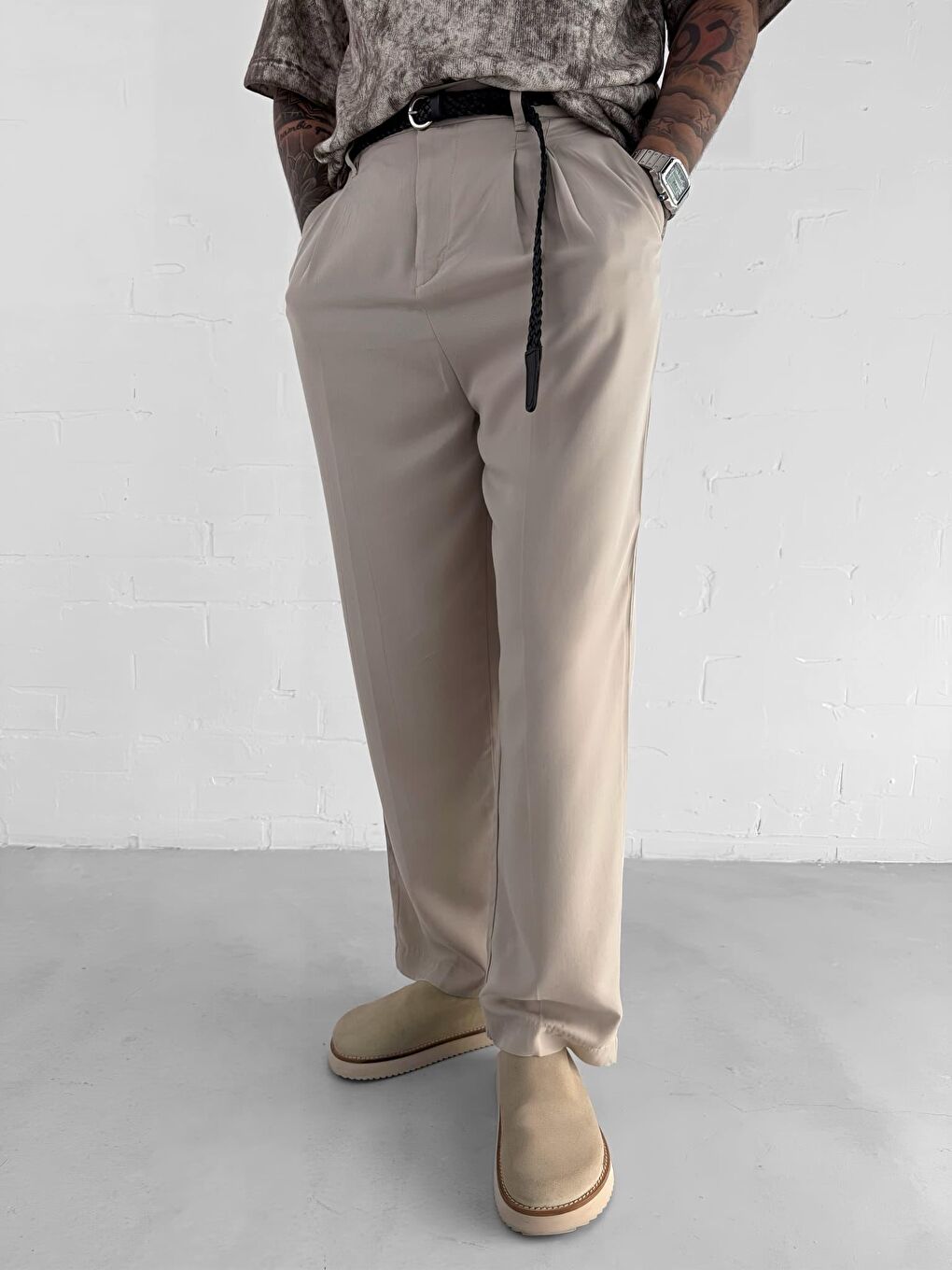 Erkek Baggy Fit Beli Lastikli Pantolon Bej-3