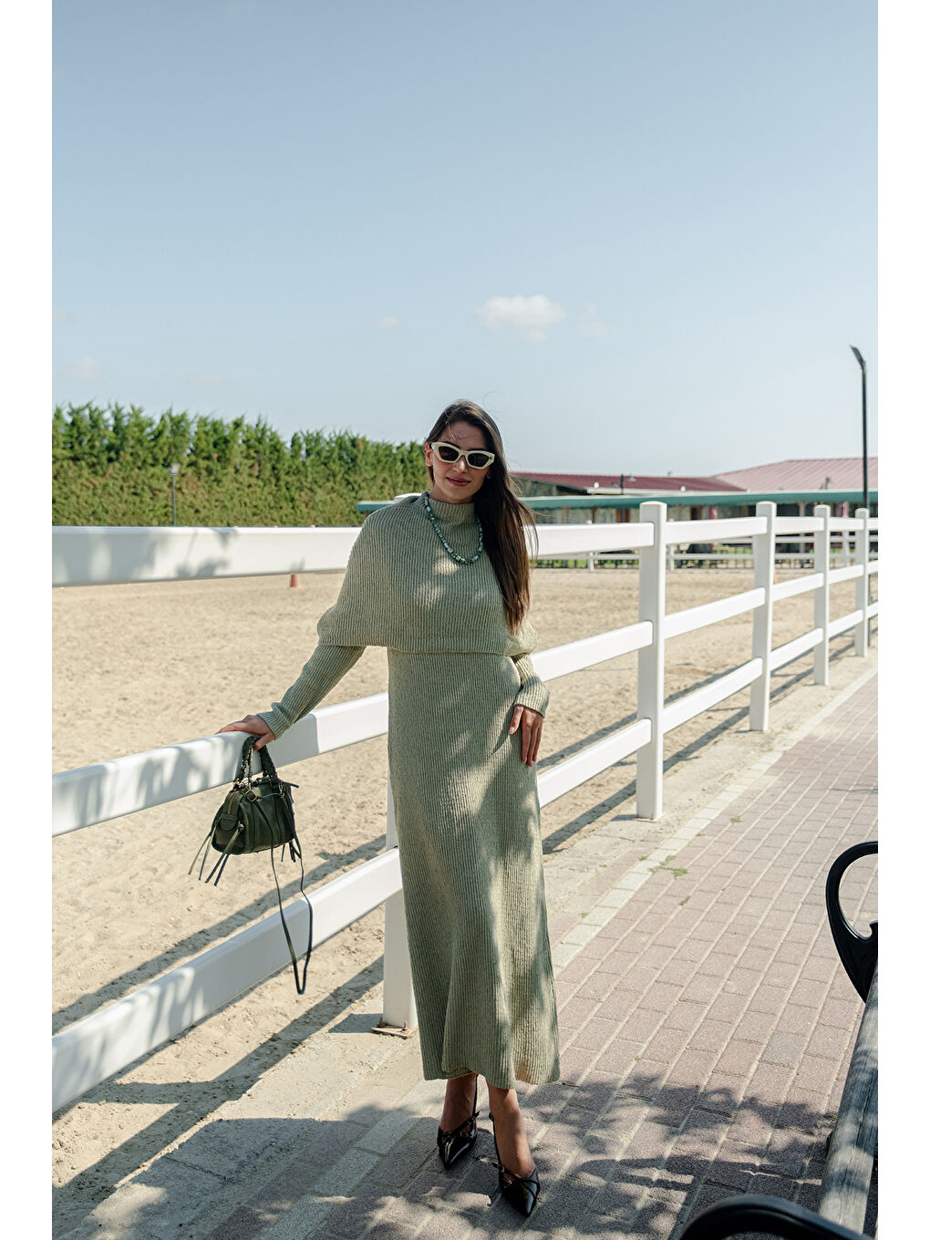 Kadın Pelerin Yaka Elbise Fıstık Yeşil-2