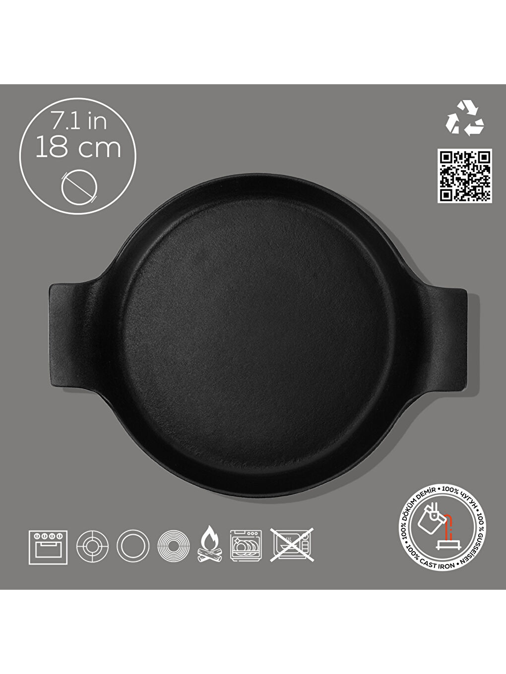 Siyah Yuvarlak Sahan Döküm Demir Yekpare Çift Kulplu Çap(Ø)18cm.-3