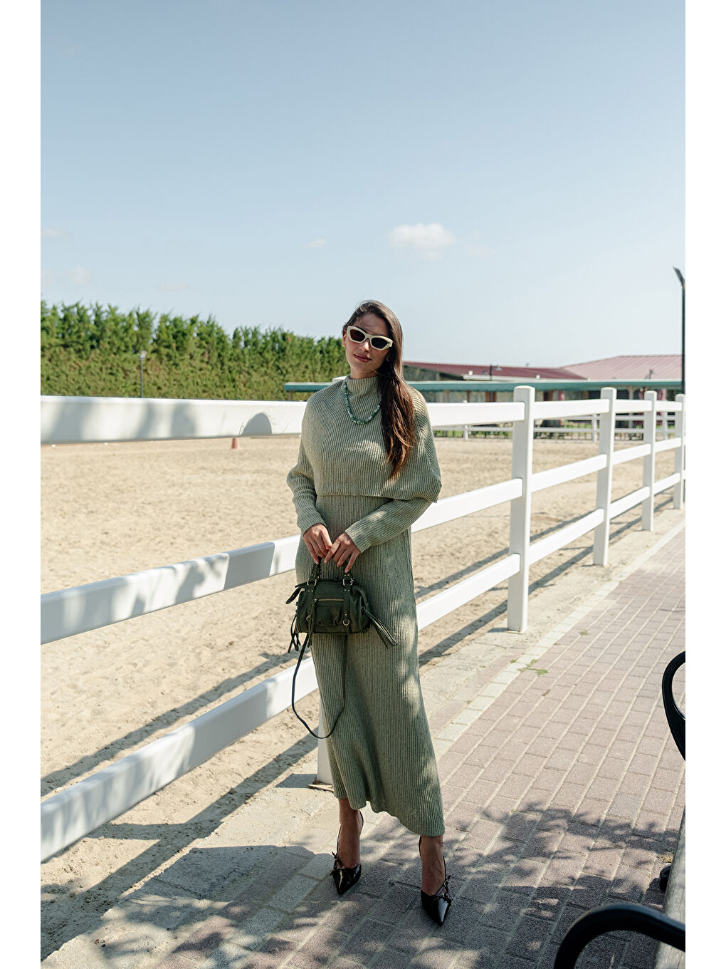 Kadın Pelerin Yaka Elbise Fıstık Yeşil-3