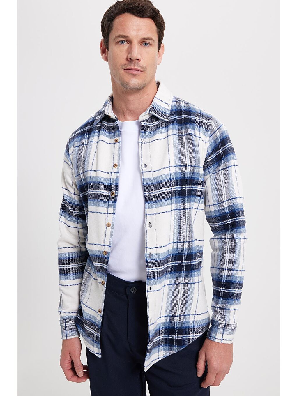 Mavi Erkek Slim Fit Dar Kesim Kareli Kışlık Oduncu Gömlek-6