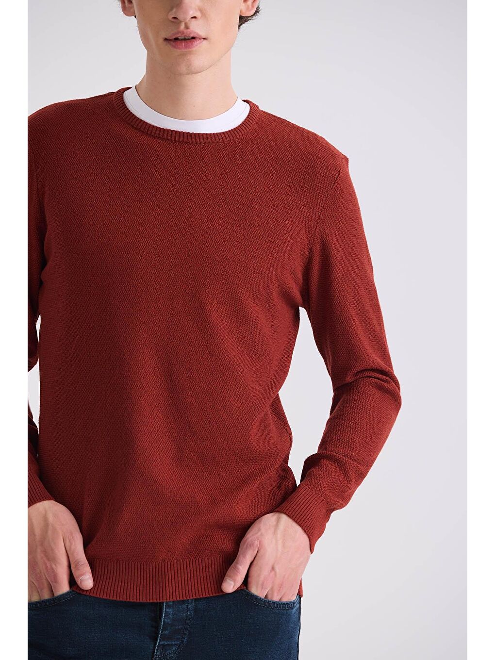 Kahverengi Kiremit Slim Fit Bisiklet Yaka Desenli Triko Kazak-2