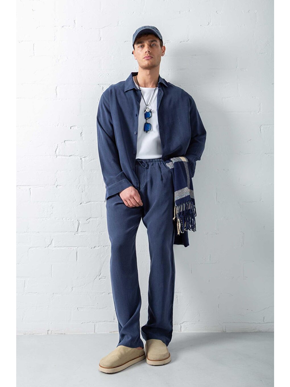 Erkek Baggy Fit Beli Lastikli Pantolon Lacivert-1