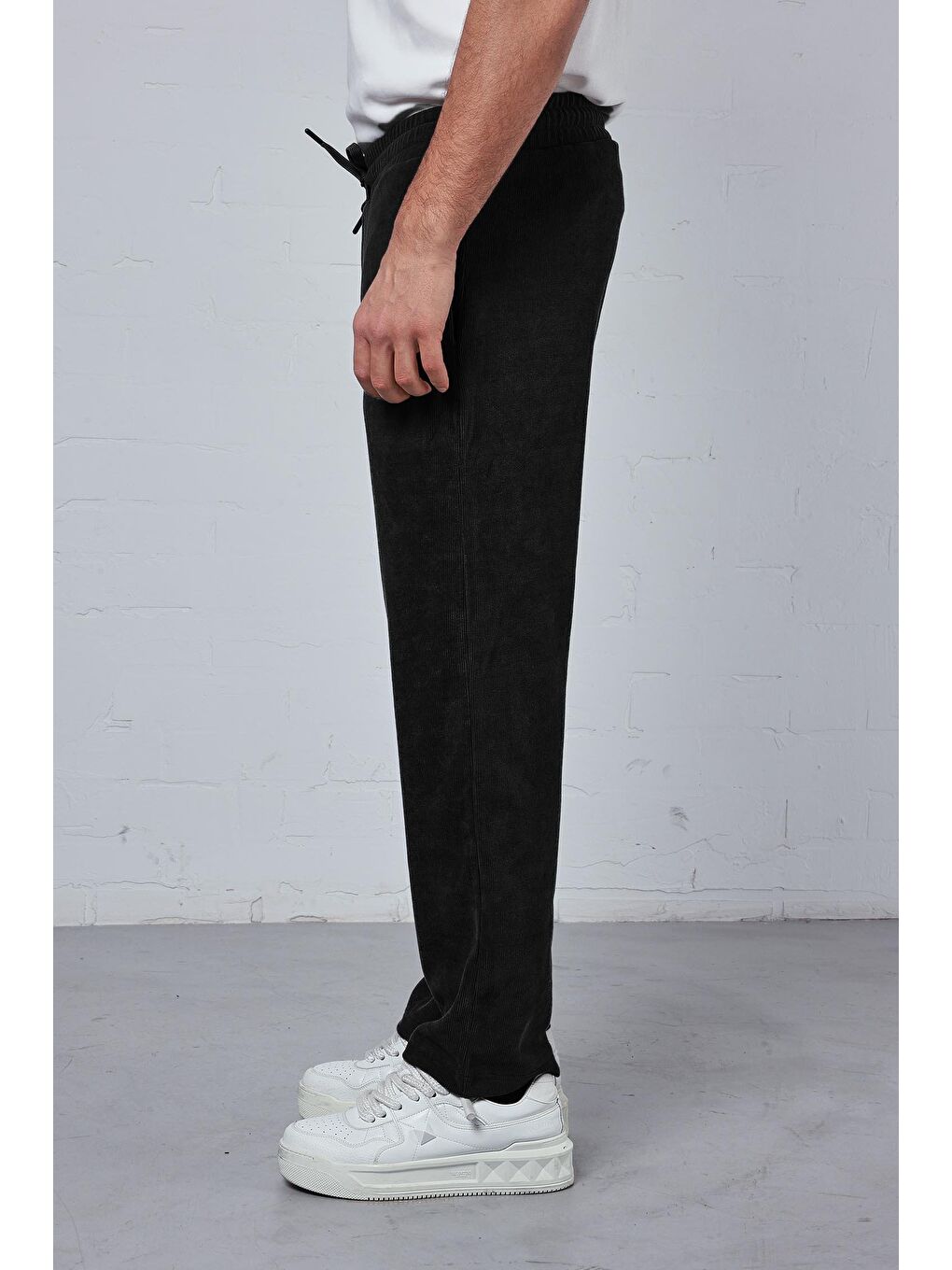 Erkek Regular Fit Fitilli Beli Lastikli Pantolon Siyah-3